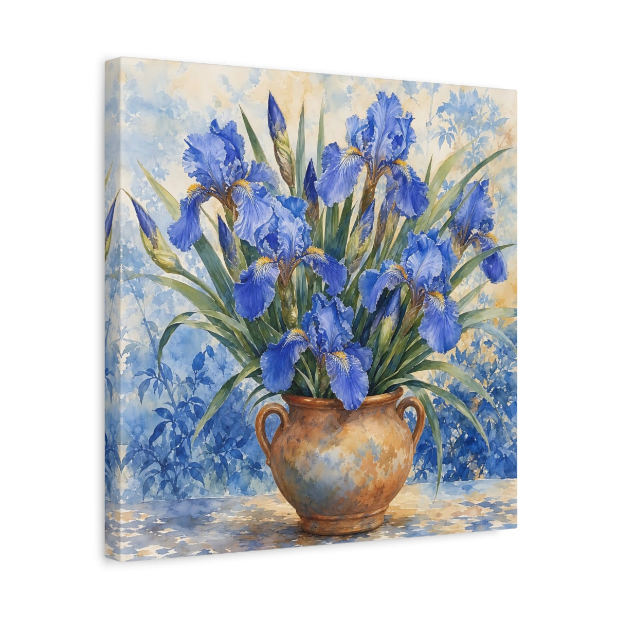 Side Mockup 6. Delicate Watercolor Painting Blue Irises In Clay Vase shown as stretched canvas wall art