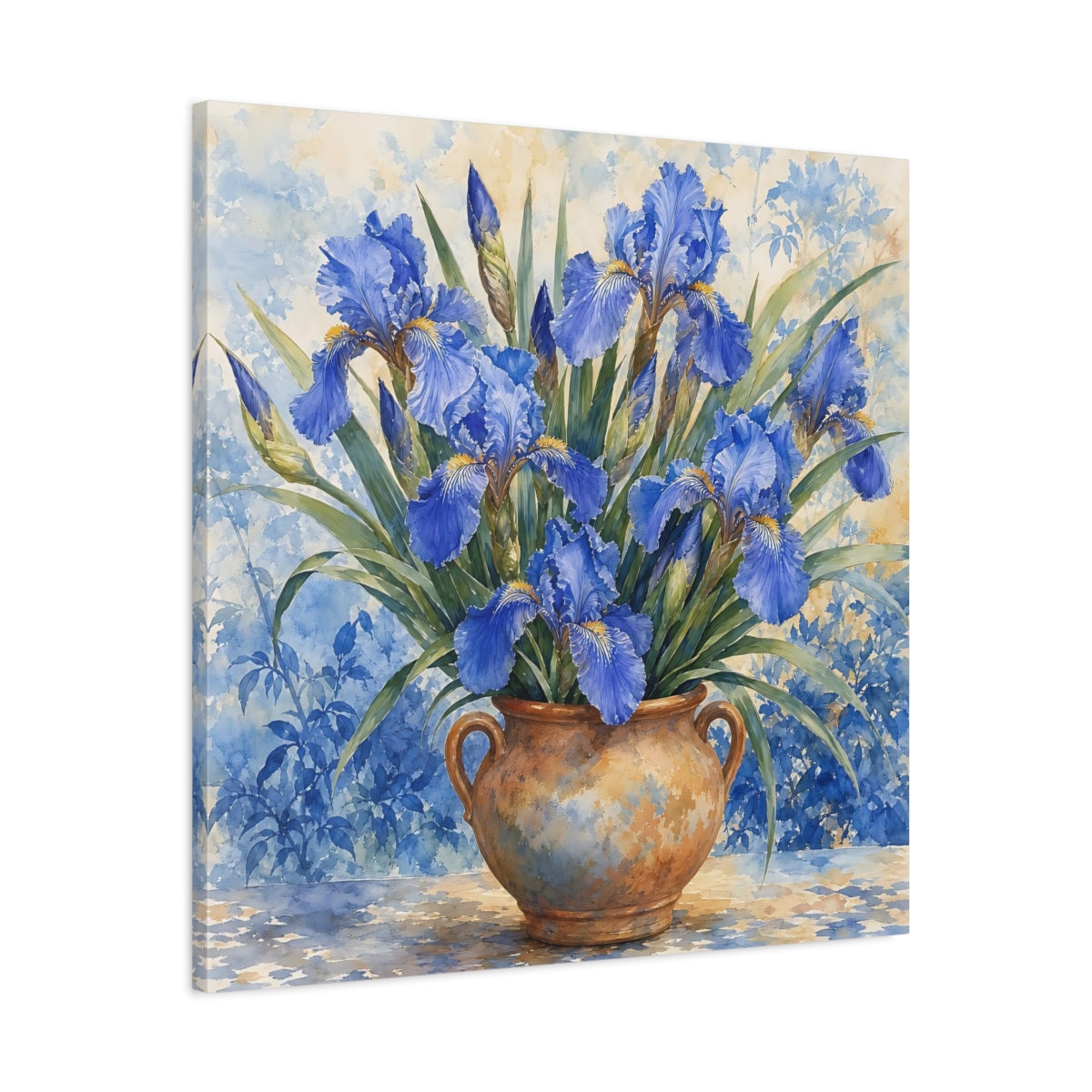 Side Mockup 3. Delicate Watercolor Painting Blue Irises In Clay Vase shown as stretched canvas wall art