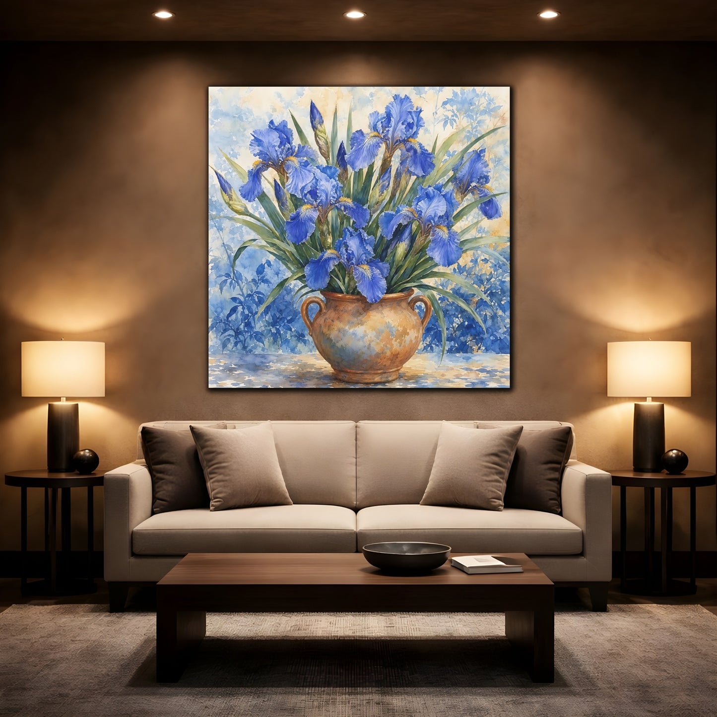 Mockup 2. Delicate Watercolor Painting Blue Irises In Clay Vase shown as stretched canvas wall art