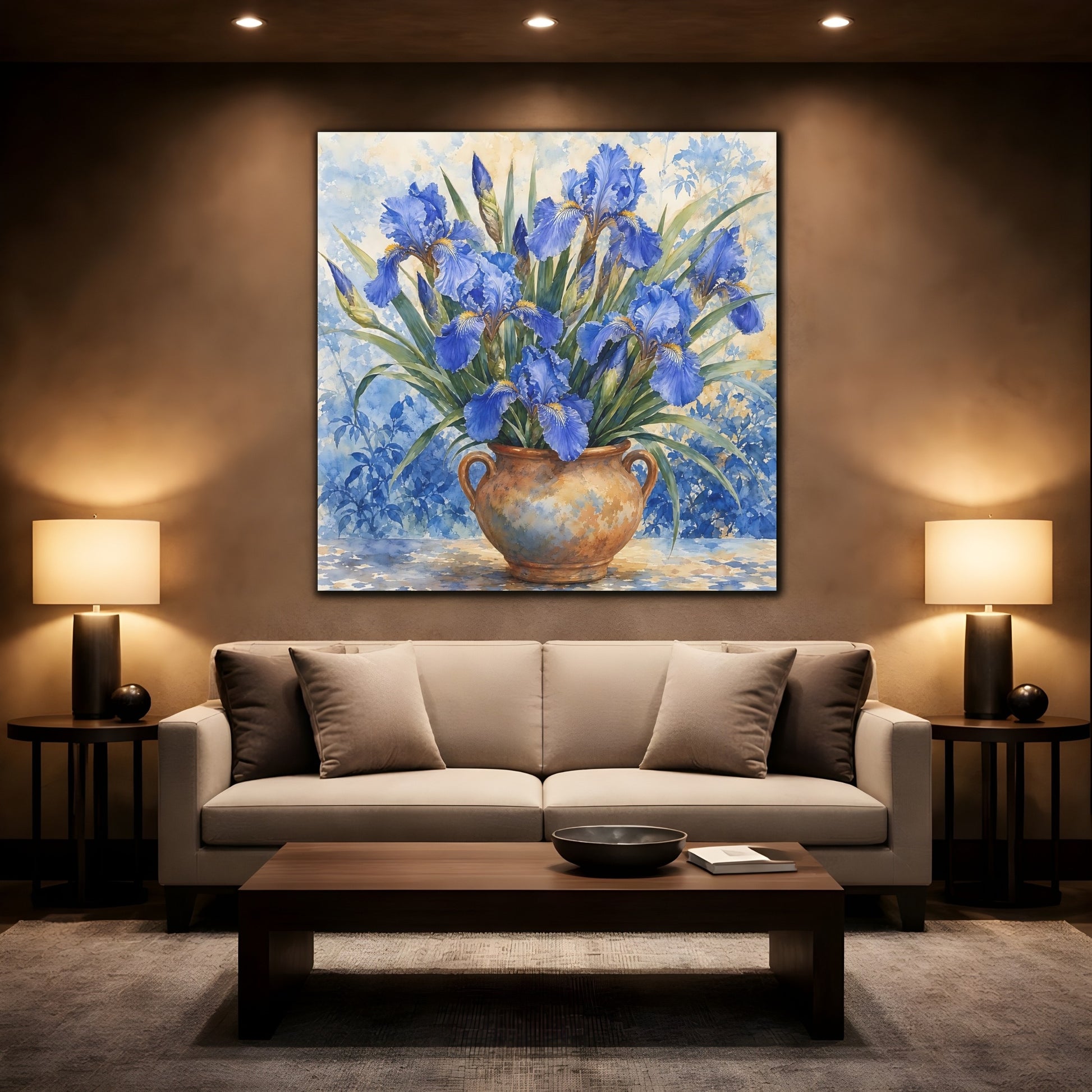 Mockup 2. Delicate Watercolor Painting Blue Irises In Clay Vase shown as stretched canvas wall art