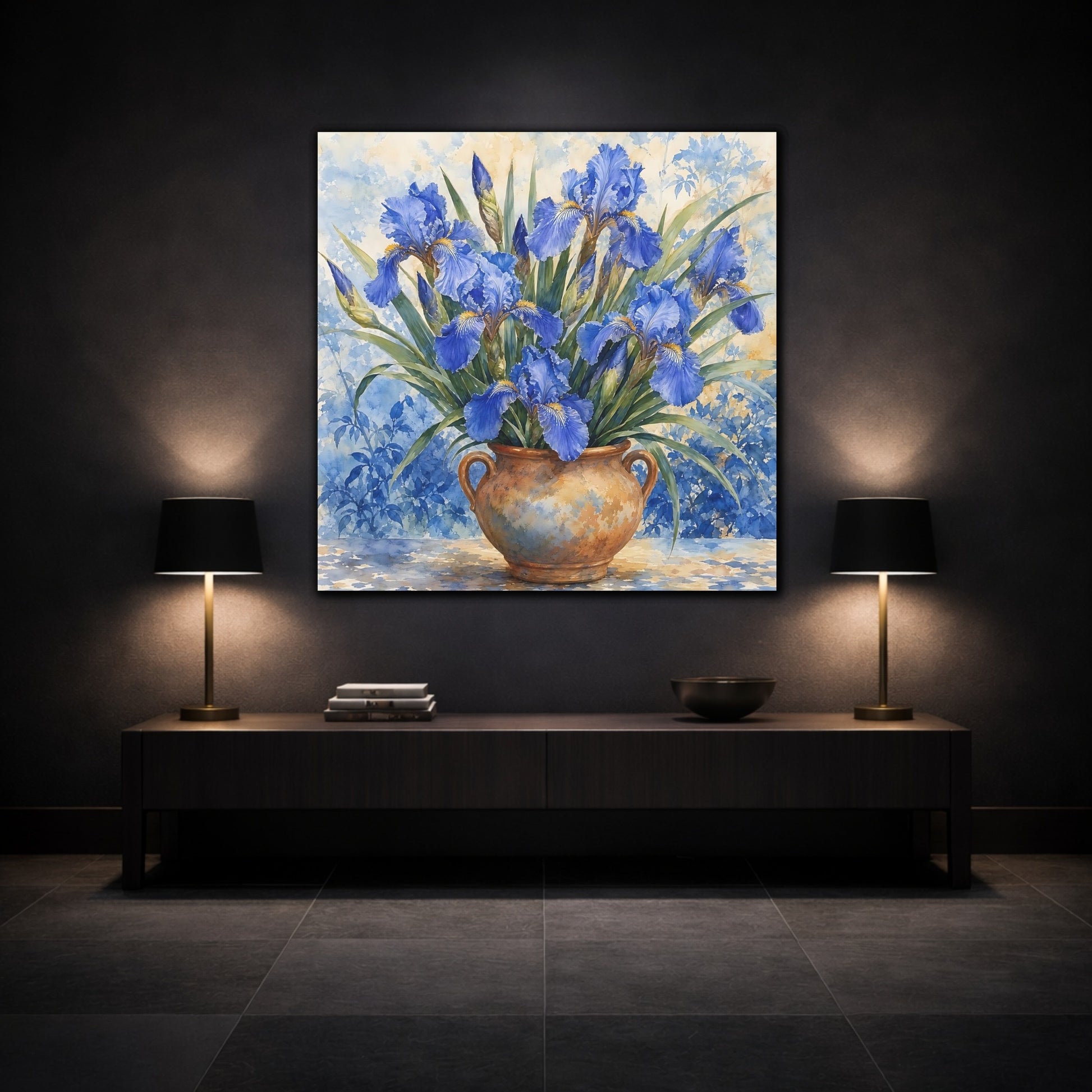 Mockup 3. Delicate Watercolor Painting Blue Irises In Clay Vase shown as stretched canvas wall art