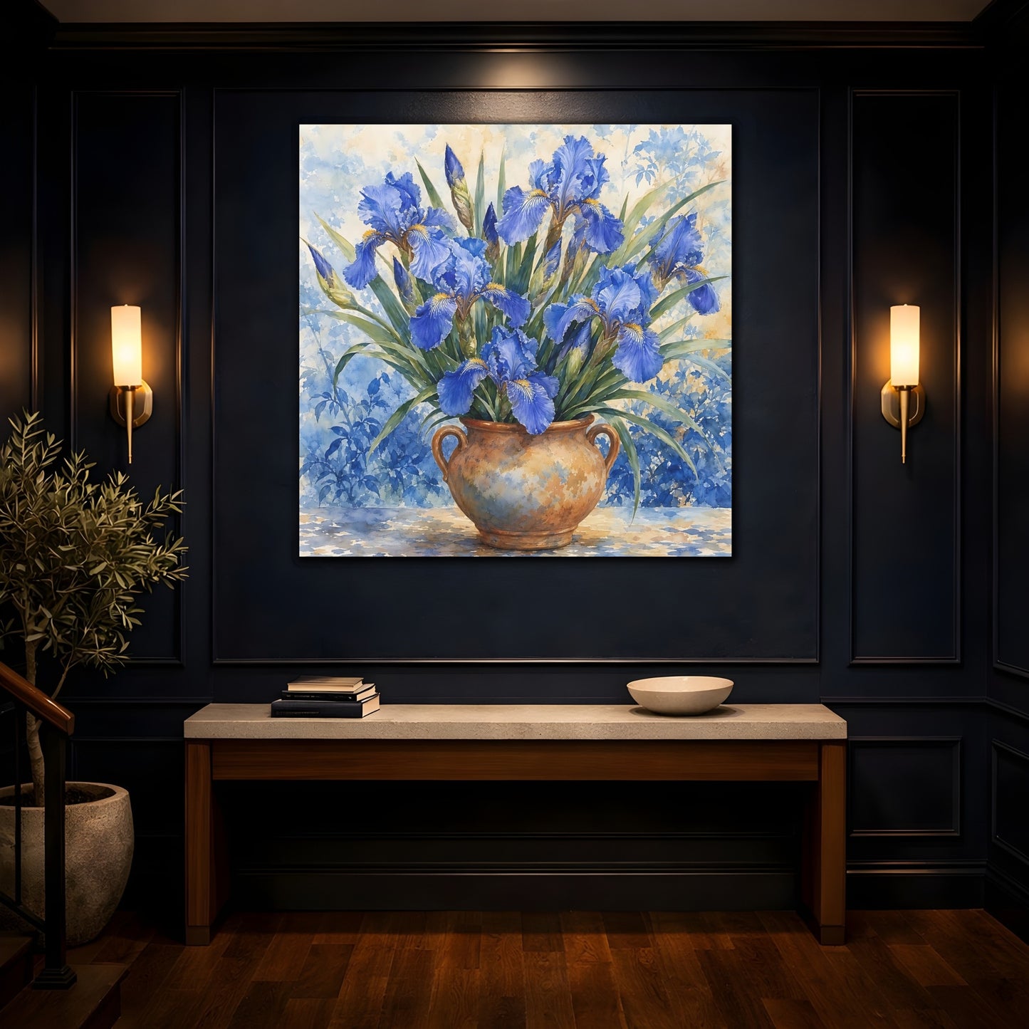 Mockup 4. Delicate Watercolor Painting Blue Irises In Clay Vase shown as stretched canvas wall art