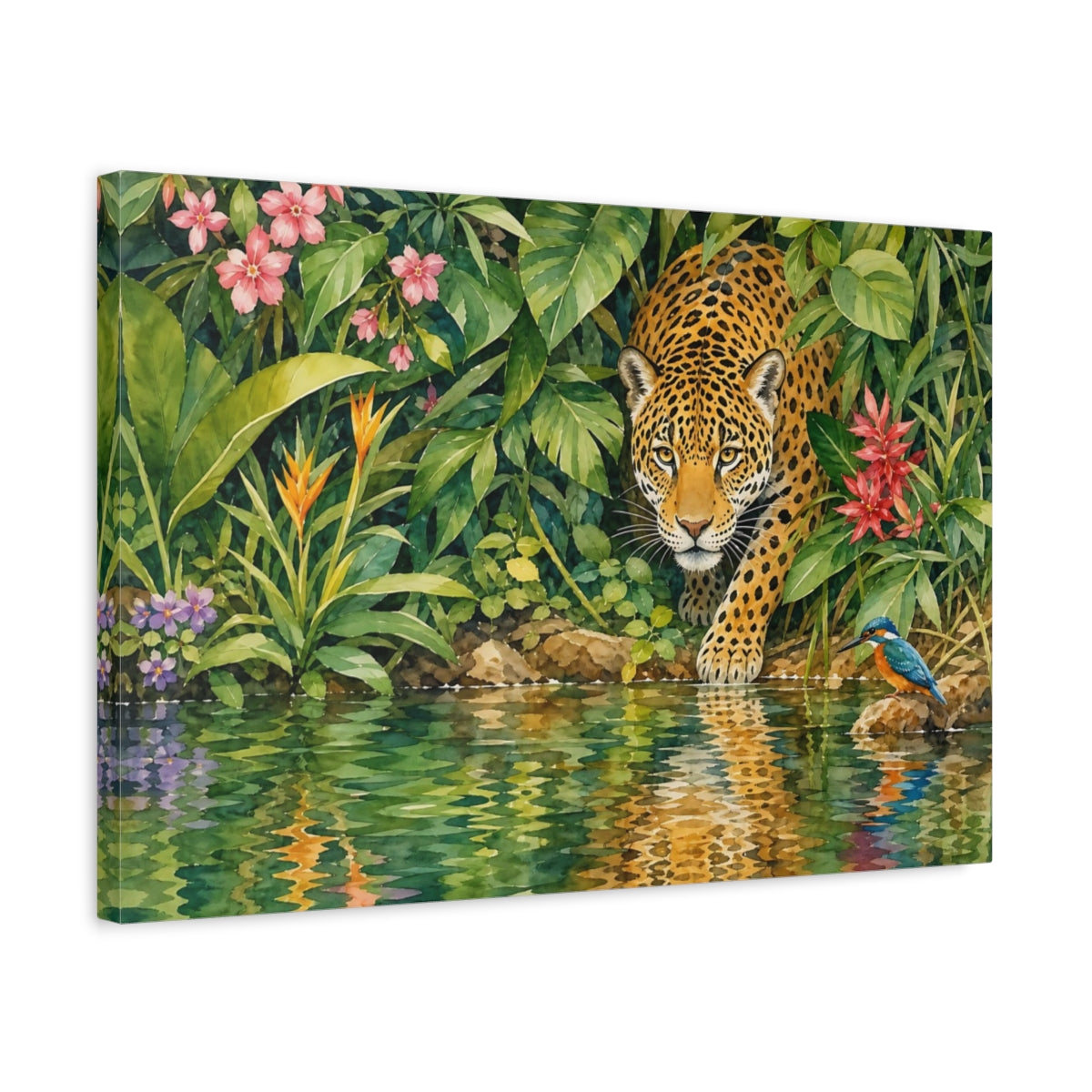 Side Mockup 3. Delicate Watercolor Painting Jaguar Emerging From Dense Riverbank Foliage shown as stretched canvas wall art