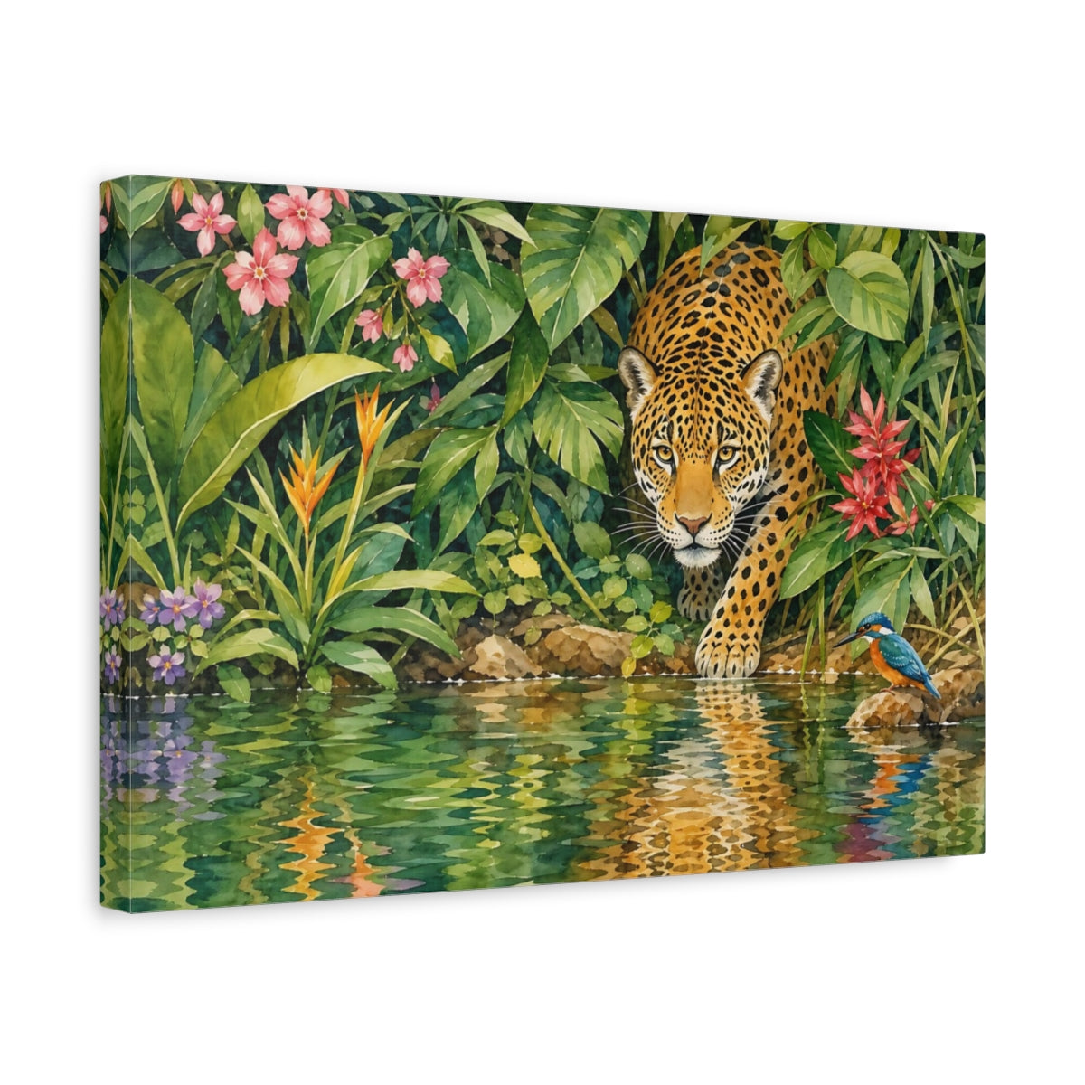 Side Mockup 4. Delicate Watercolor Painting Jaguar Emerging From Dense Riverbank Foliage shown as stretched canvas wall art