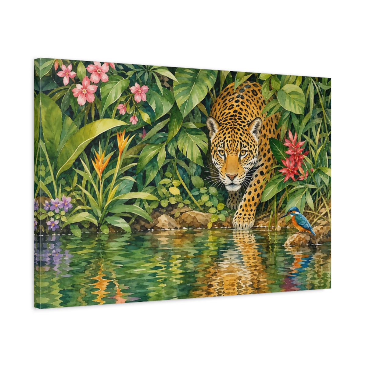 Side Mockup 2. Delicate Watercolor Painting Jaguar Emerging From Dense Riverbank Foliage shown as stretched canvas wall art