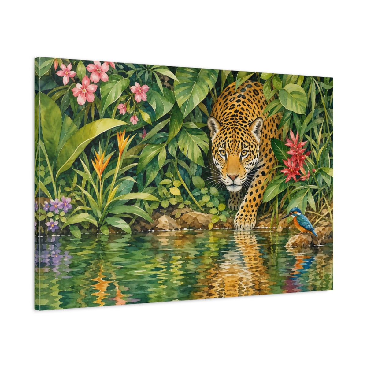 Main Mockup. Delicate Watercolor Painting Jaguar Emerging From Dense Riverbank Foliage shown as stretched canvas wall art