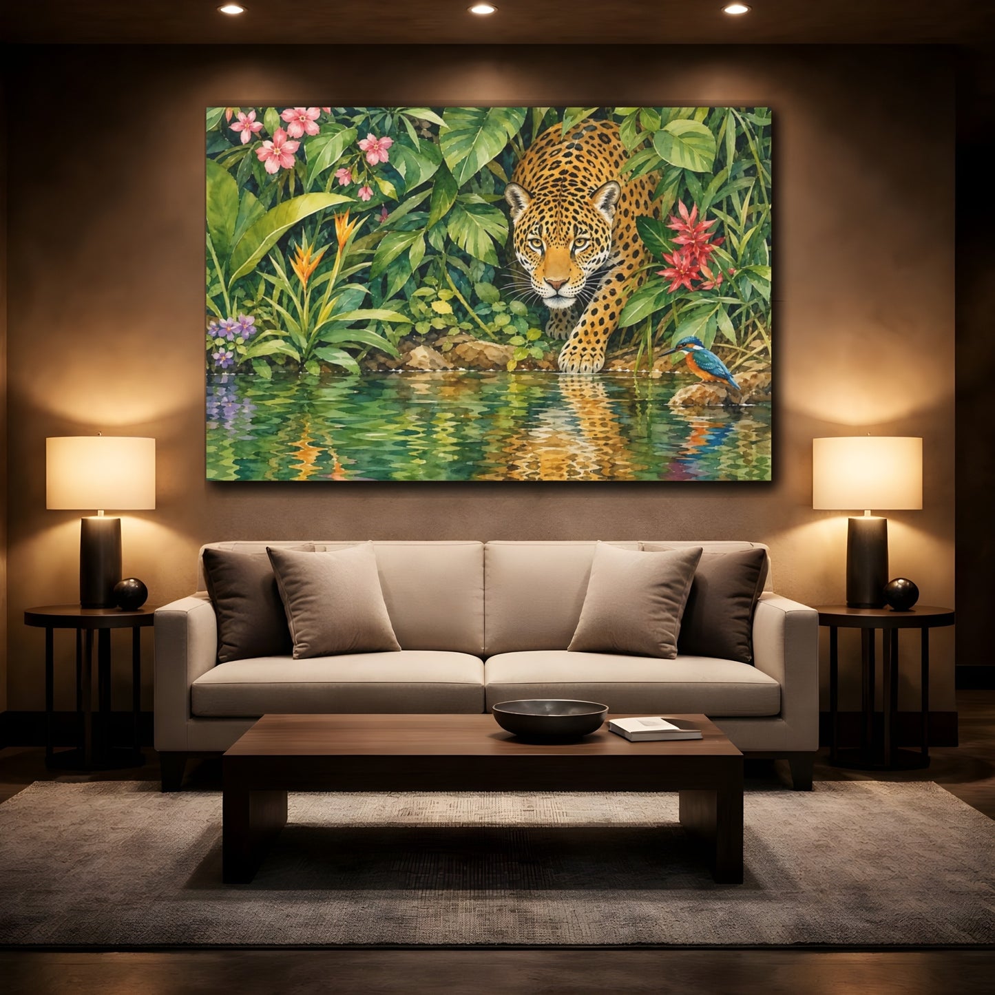 Mockup 2. Delicate Watercolor Painting Jaguar Emerging From Dense Riverbank Foliage shown as stretched canvas wall art