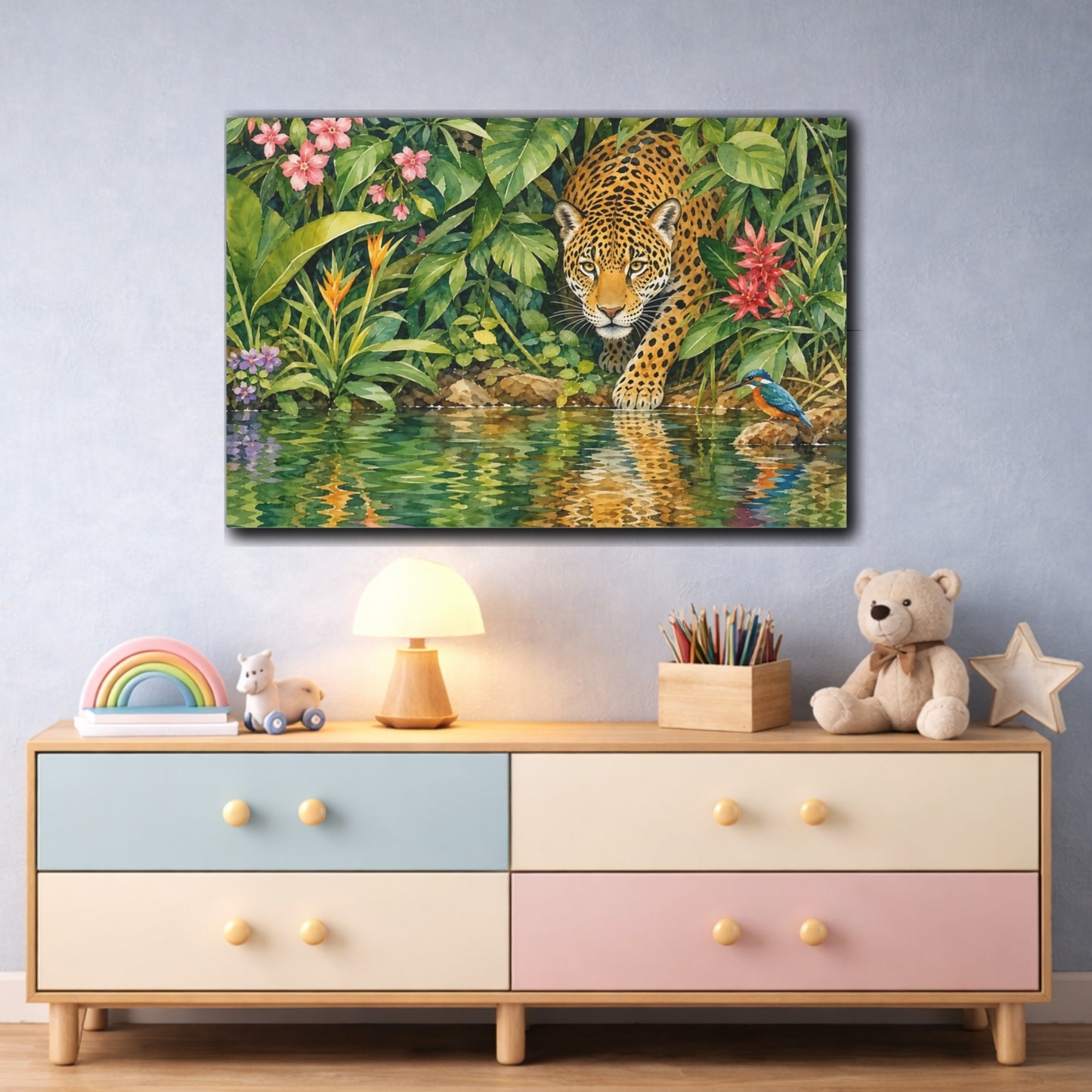 Mockup 3. Delicate Watercolor Painting Jaguar Emerging From Dense Riverbank Foliage shown as stretched canvas wall art