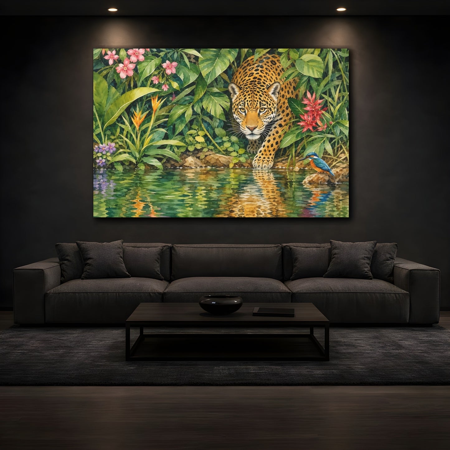 Mockup 4. Delicate Watercolor Painting Jaguar Emerging From Dense Riverbank Foliage shown as stretched canvas wall art