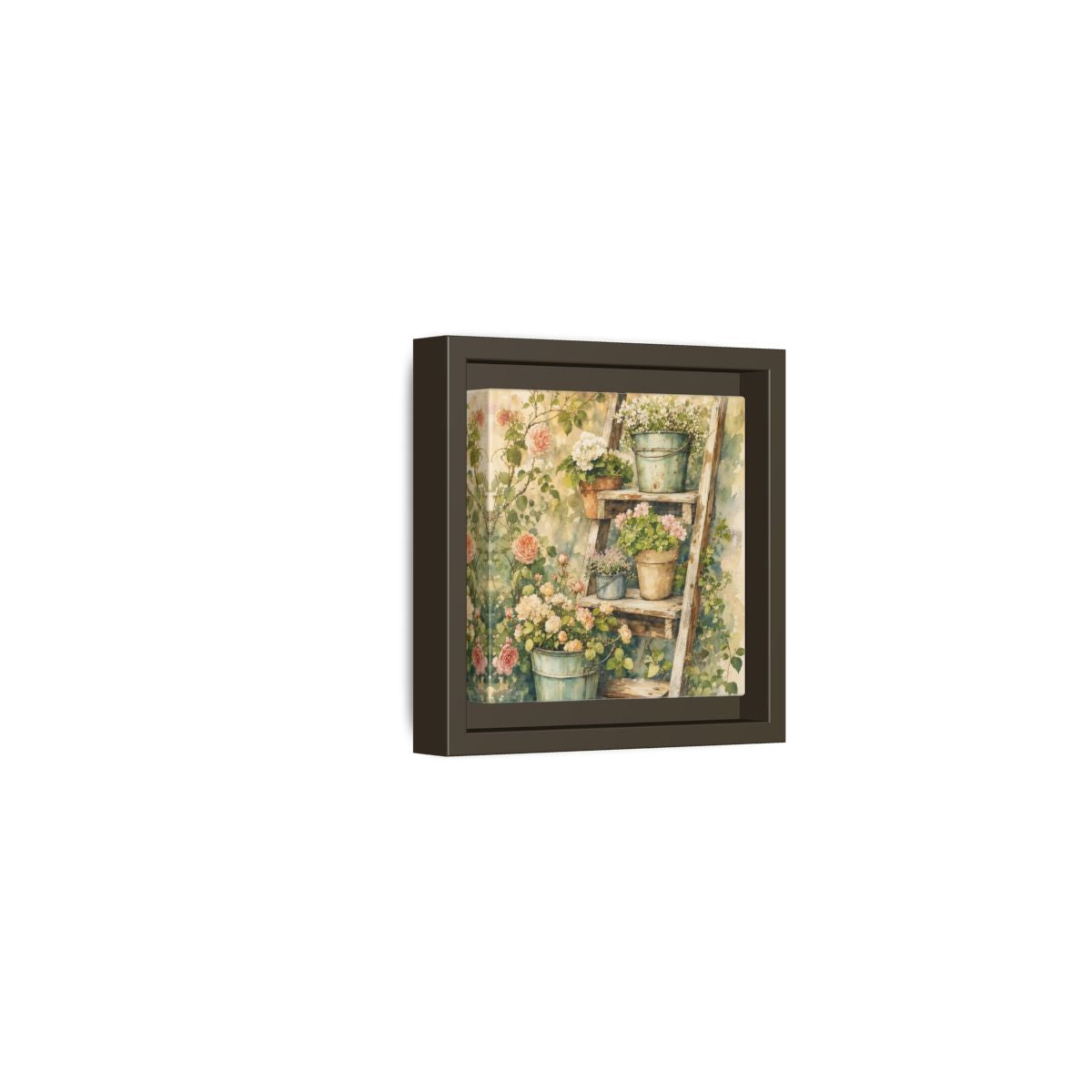 Side Mockup 23. Delicate Watercolor Painting Old Ladder Holding Small Planters shown as stretched canvas wall art