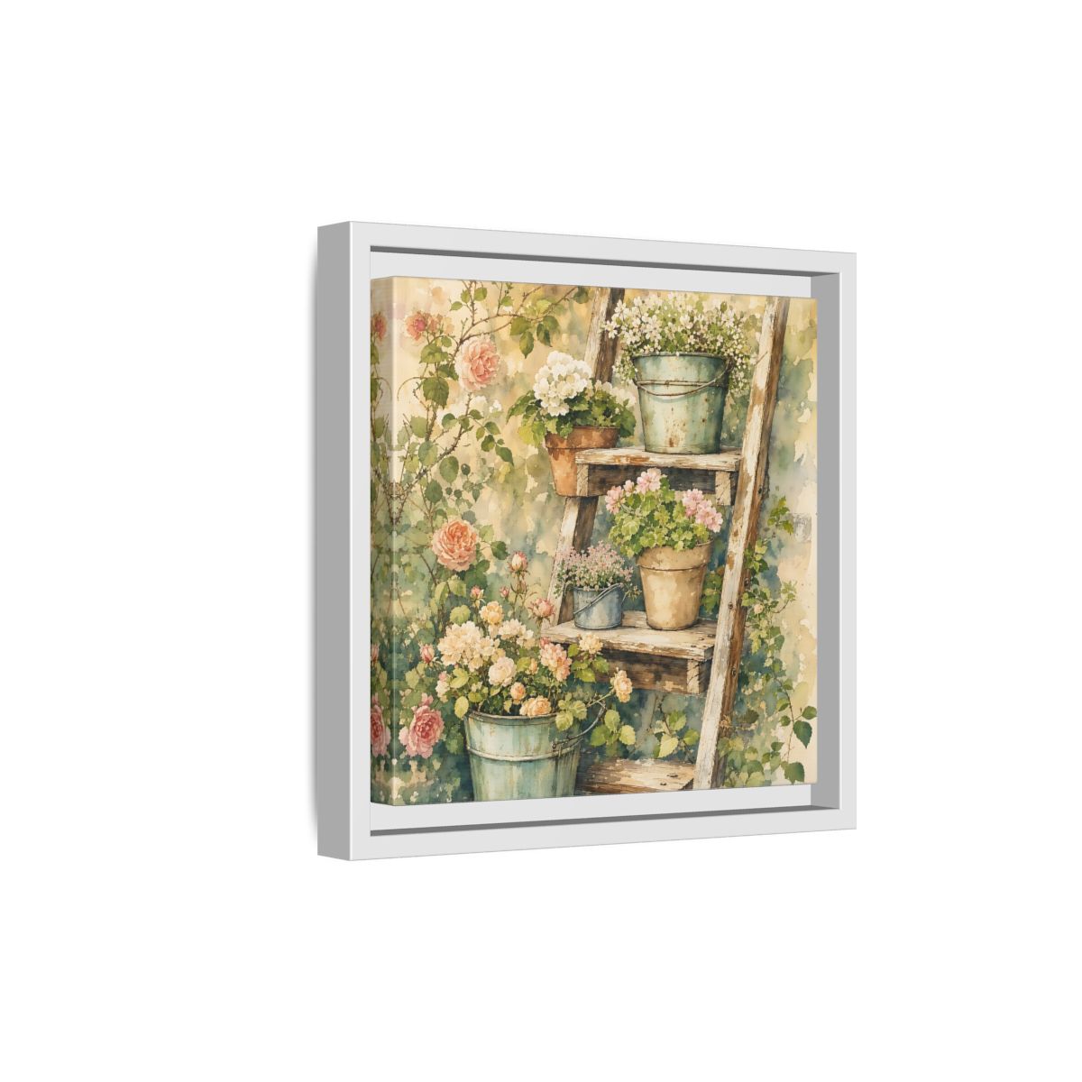 Side Mockup 19. Delicate Watercolor Painting Old Ladder Holding Small Planters shown as stretched canvas wall art