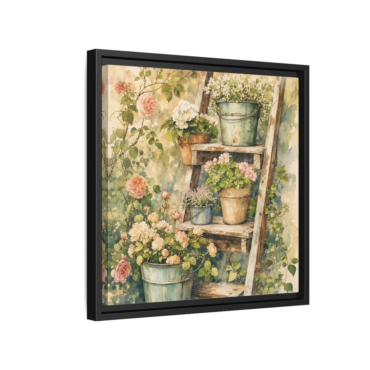 Side Mockup 15. Delicate Watercolor Painting Old Ladder Holding Small Planters shown as stretched canvas wall art