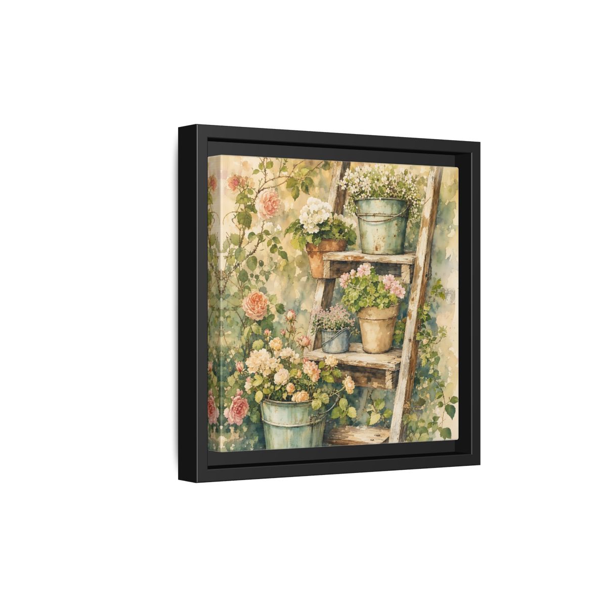 Side Mockup 21. Delicate Watercolor Painting Old Ladder Holding Small Planters shown as stretched canvas wall art