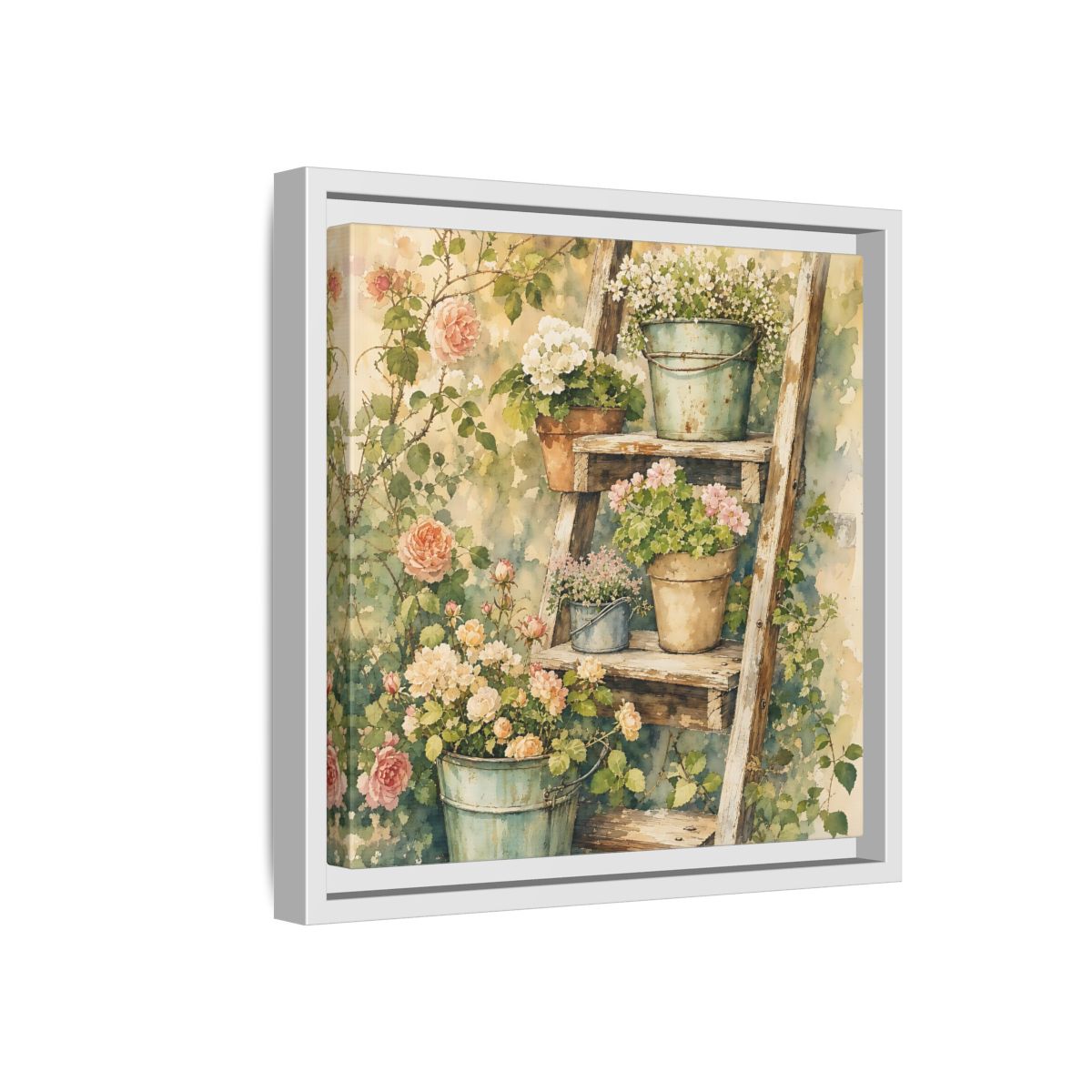 Side Mockup 16. Delicate Watercolor Painting Old Ladder Holding Small Planters shown as stretched canvas wall art