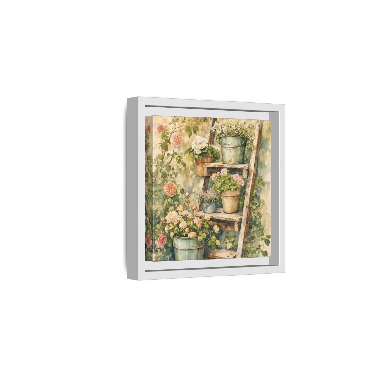 Side Mockup 1. Delicate Watercolor Painting Old Ladder Holding Small Planters shown as stretched canvas wall art