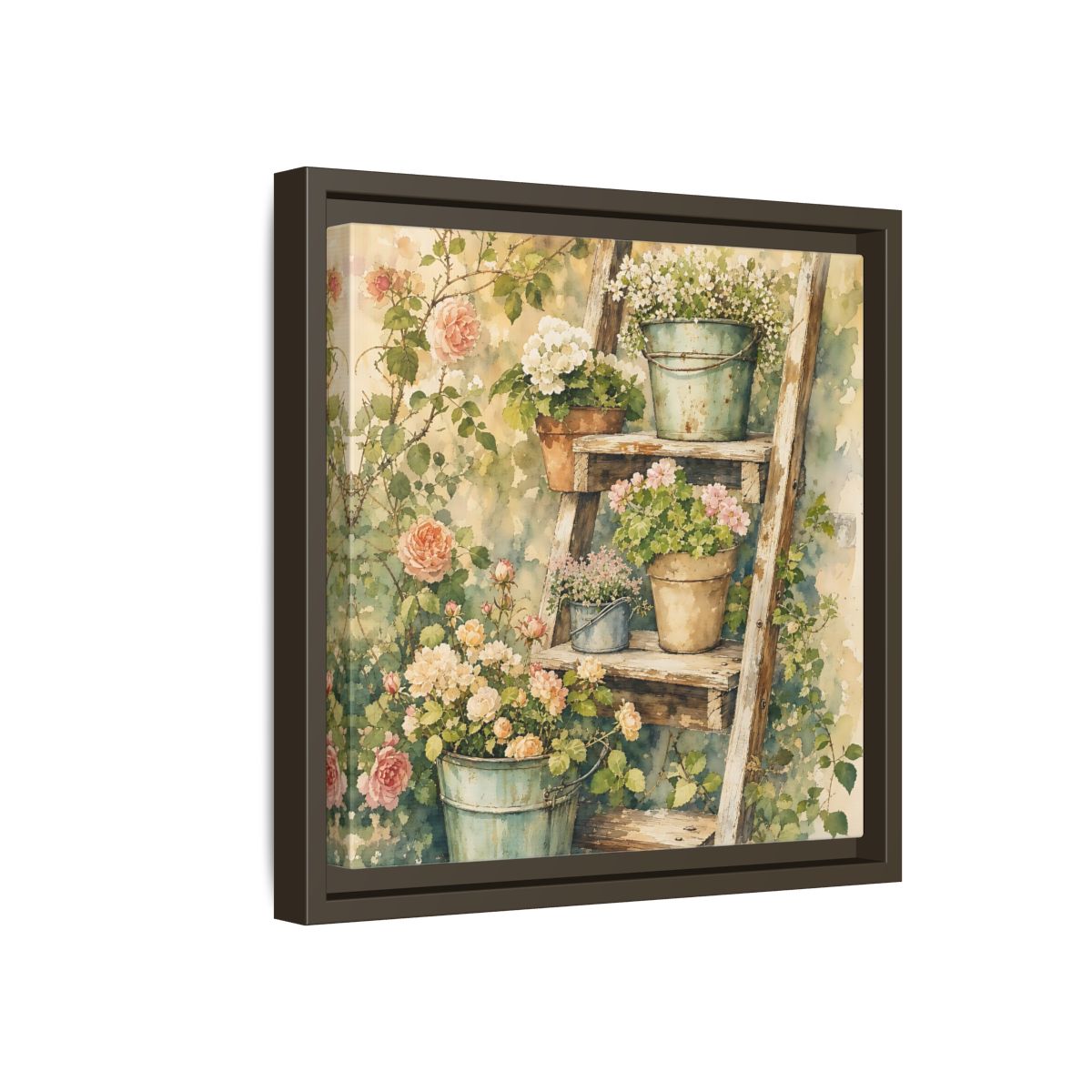 Side Mockup 17. Delicate Watercolor Painting Old Ladder Holding Small Planters shown as stretched canvas wall art