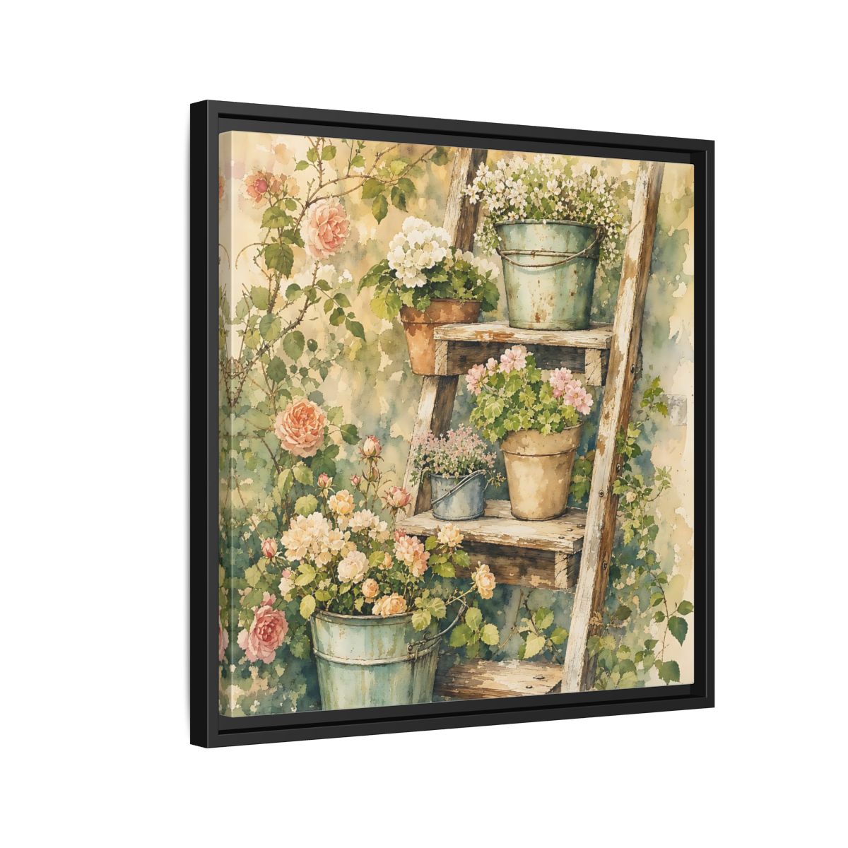 Side Mockup 12. Delicate Watercolor Painting Old Ladder Holding Small Planters shown as stretched canvas wall art