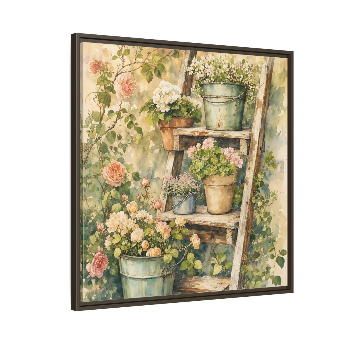 Side Mockup 8. Delicate Watercolor Painting Old Ladder Holding Small Planters shown as stretched canvas wall art