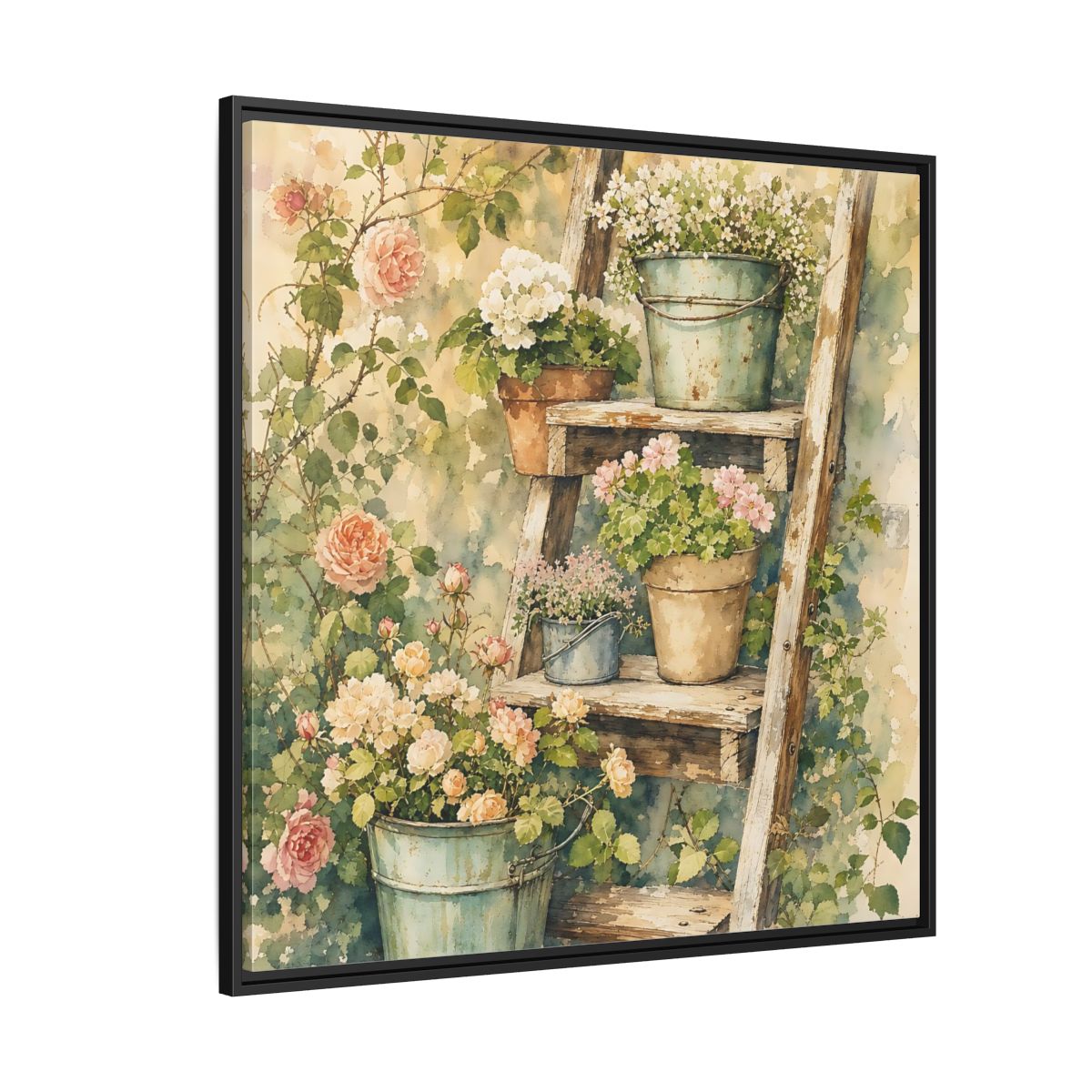 Side Mockup 6. Delicate Watercolor Painting Old Ladder Holding Small Planters shown as stretched canvas wall art