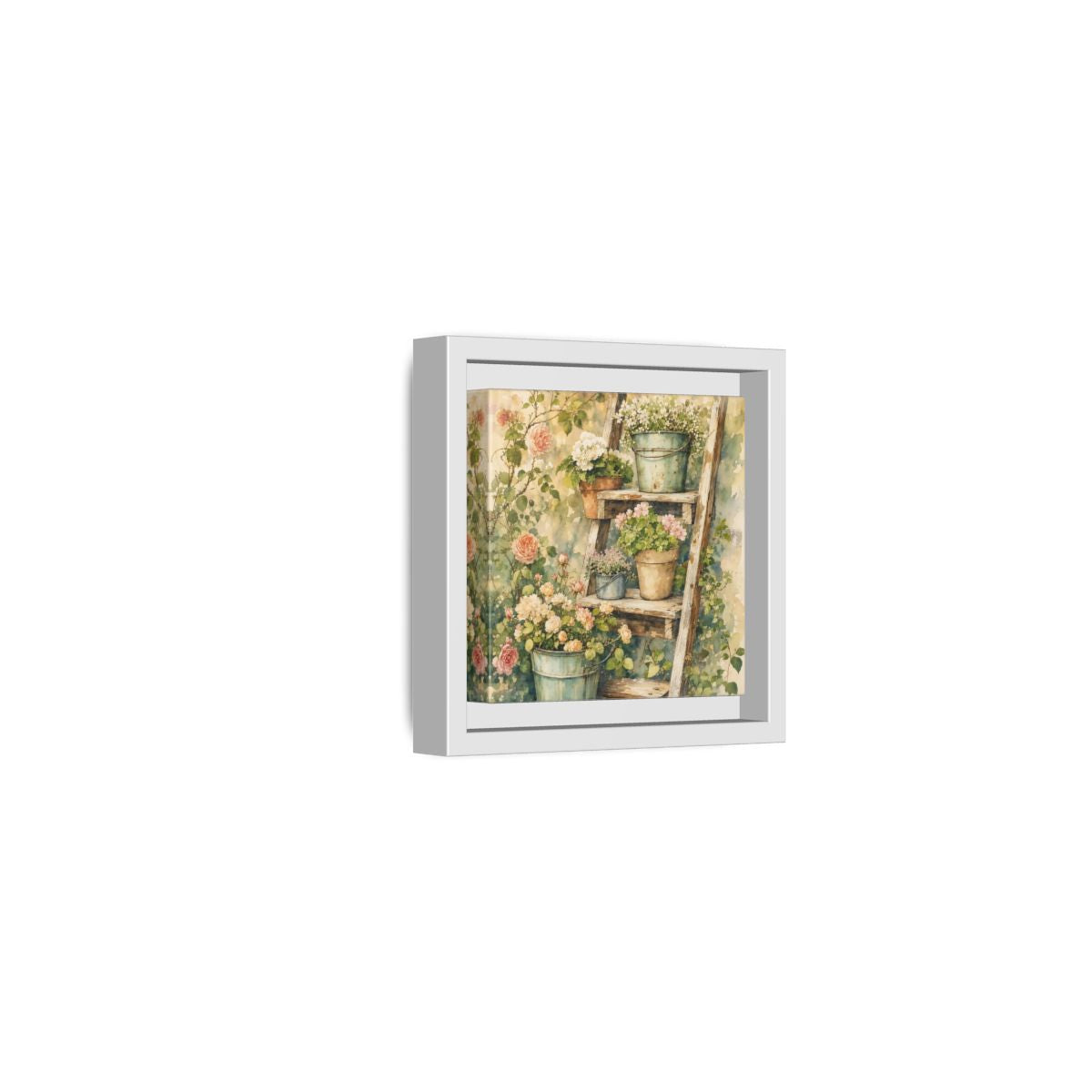 Side Mockup 22. Delicate Watercolor Painting Old Ladder Holding Small Planters shown as stretched canvas wall art
