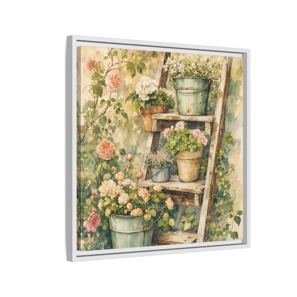 Side Mockup 10. Delicate Watercolor Painting Old Ladder Holding Small Planters shown as stretched canvas wall art