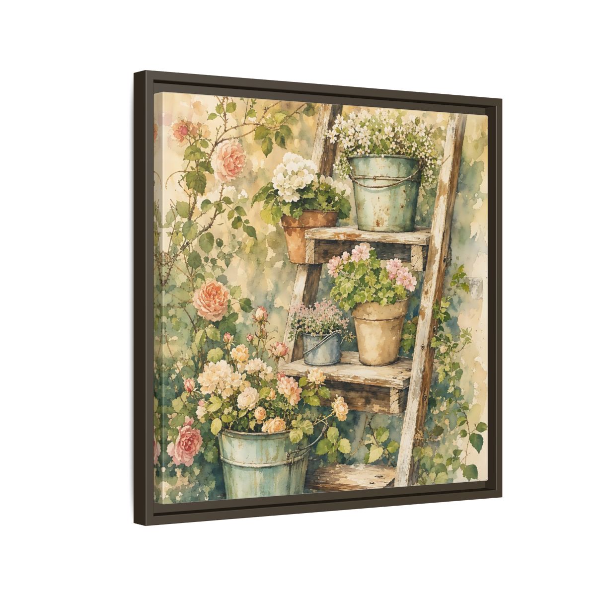 Side Mockup 11. Delicate Watercolor Painting Old Ladder Holding Small Planters shown as stretched canvas wall art