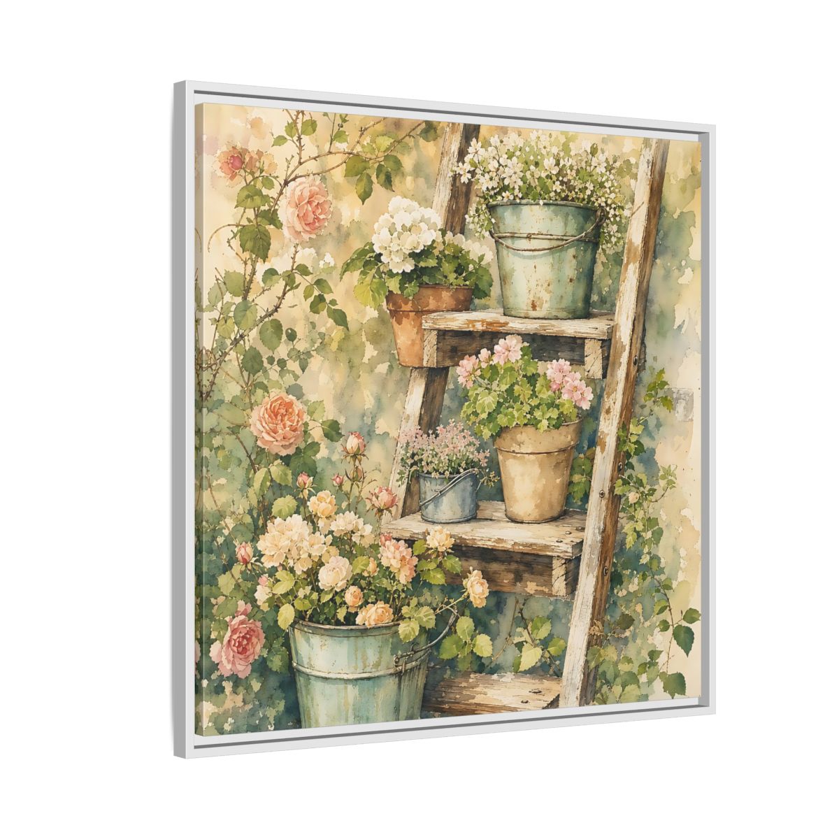 Side Mockup 7. Delicate Watercolor Painting Old Ladder Holding Small Planters shown as stretched canvas wall art