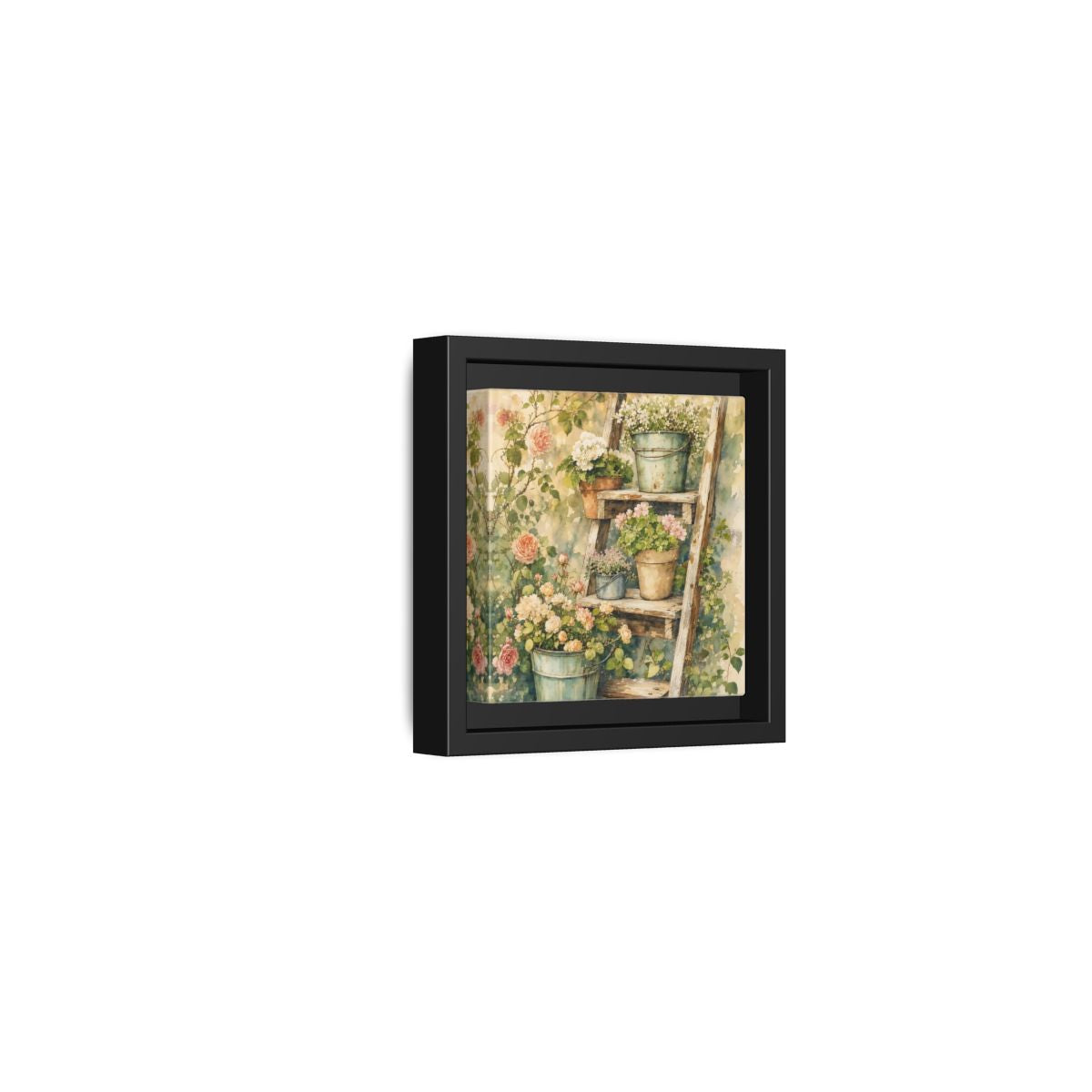 Side Mockup 24. Delicate Watercolor Painting Old Ladder Holding Small Planters shown as stretched canvas wall art