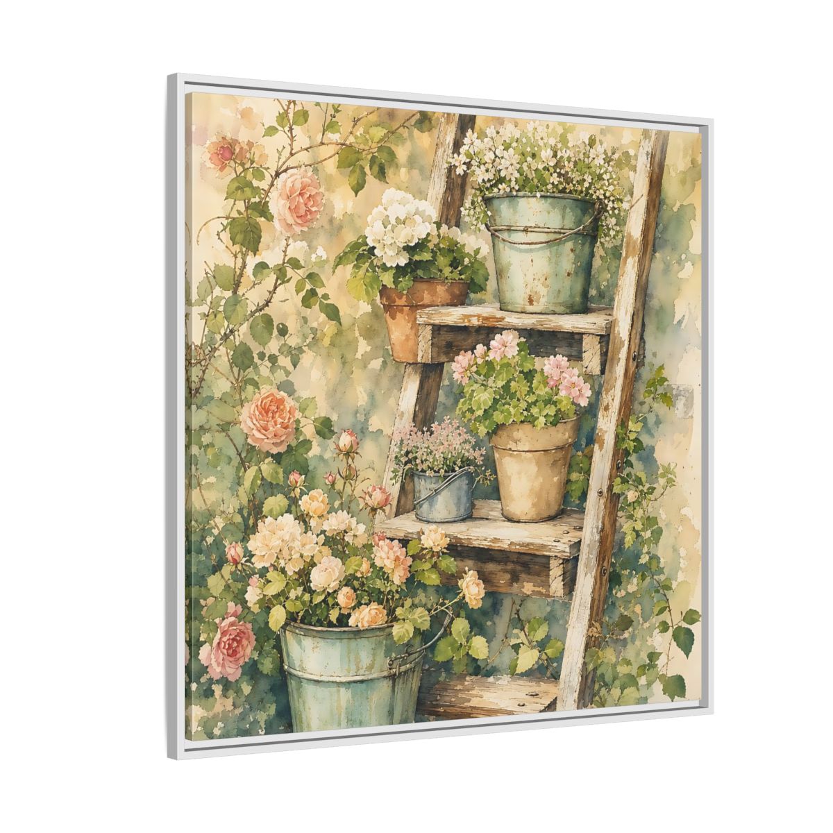 Side Mockup 4. Delicate Watercolor Painting Old Ladder Holding Small Planters shown as stretched canvas wall art