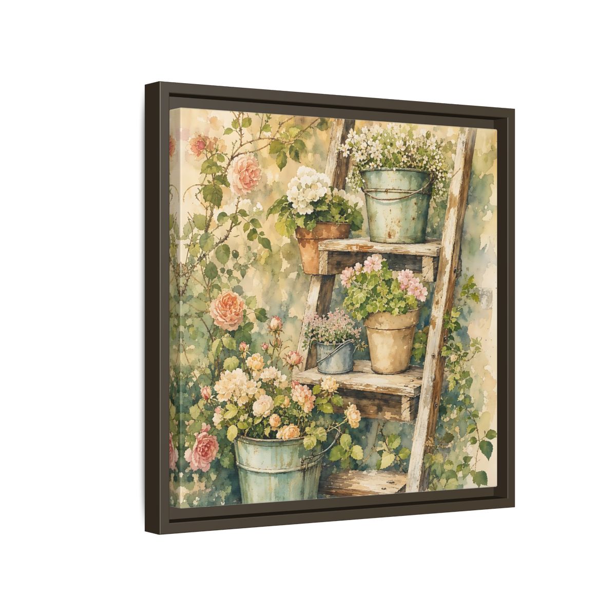 Side Mockup 14. Delicate Watercolor Painting Old Ladder Holding Small Planters shown as stretched canvas wall art