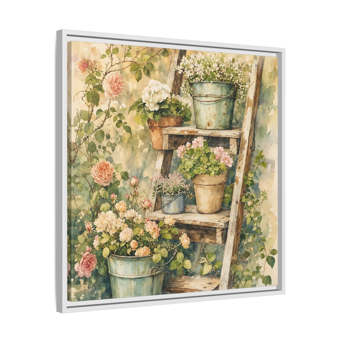 Side Mockup 26. Delicate Watercolor Painting Old Ladder Holding Small Planters shown as stretched canvas wall art