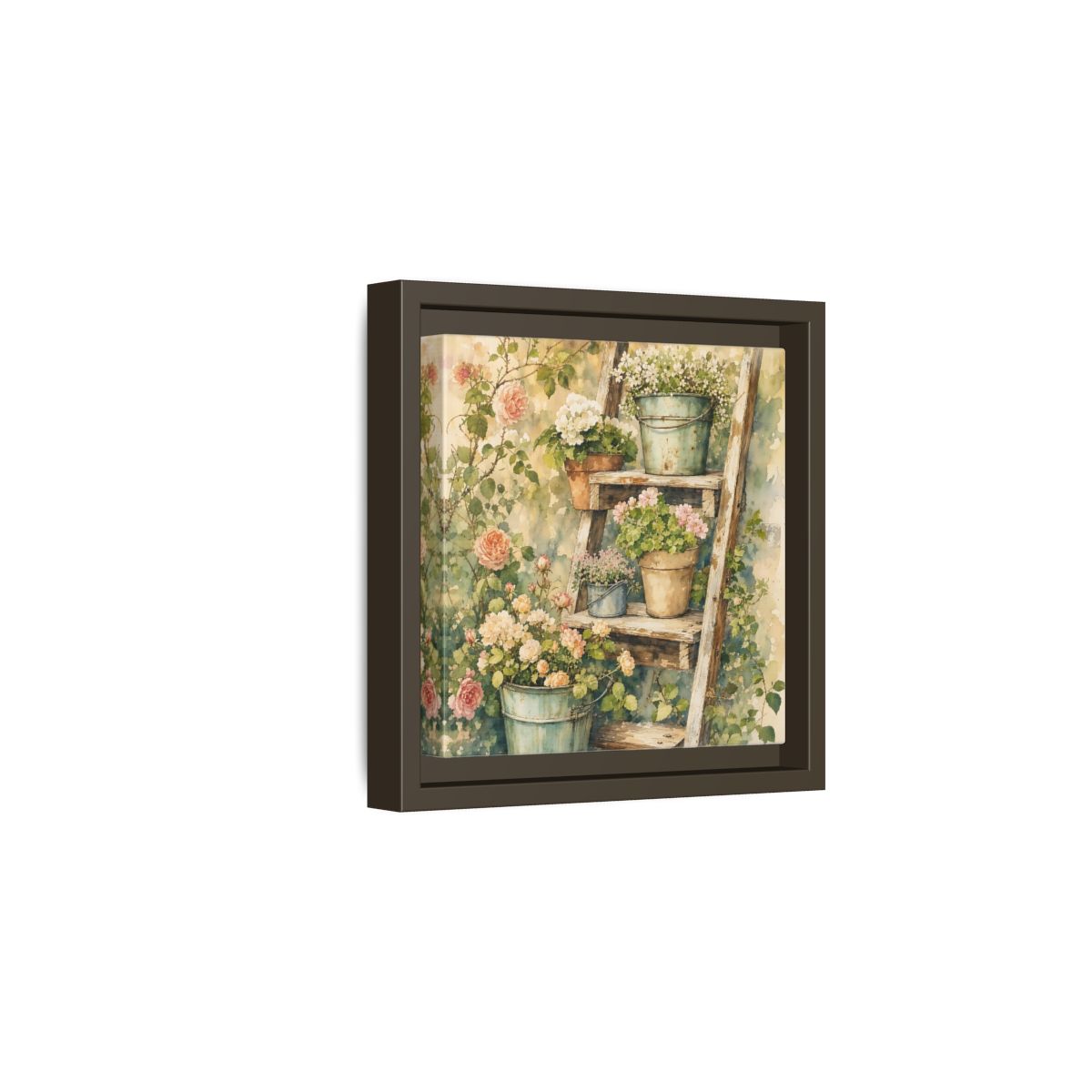 Side Mockup 2. Delicate Watercolor Painting Old Ladder Holding Small Planters shown as stretched canvas wall art