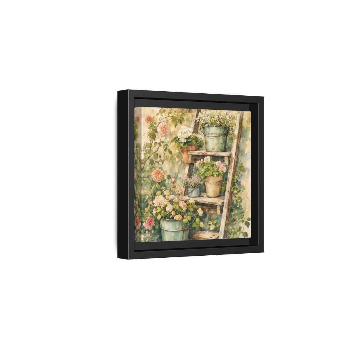 Side Mockup 3. Delicate Watercolor Painting Old Ladder Holding Small Planters shown as stretched canvas wall art