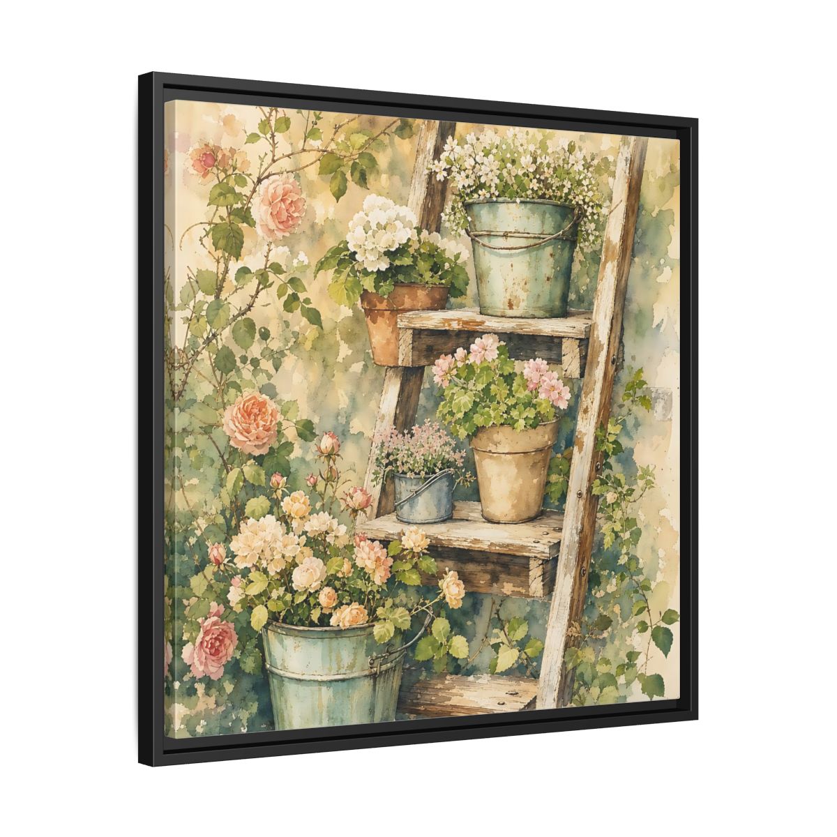 Side Mockup 31. Delicate Watercolor Painting Old Ladder Holding Small Planters shown as stretched canvas wall art