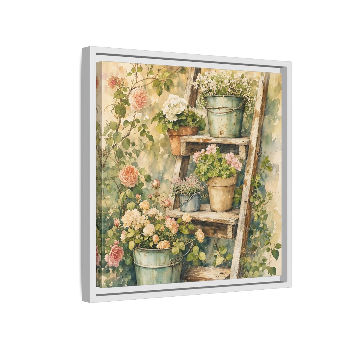 Side Mockup 13. Delicate Watercolor Painting Old Ladder Holding Small Planters shown as stretched canvas wall art