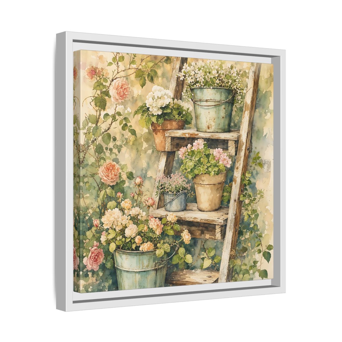 Side Mockup 28. Delicate Watercolor Painting Old Ladder Holding Small Planters shown as stretched canvas wall art