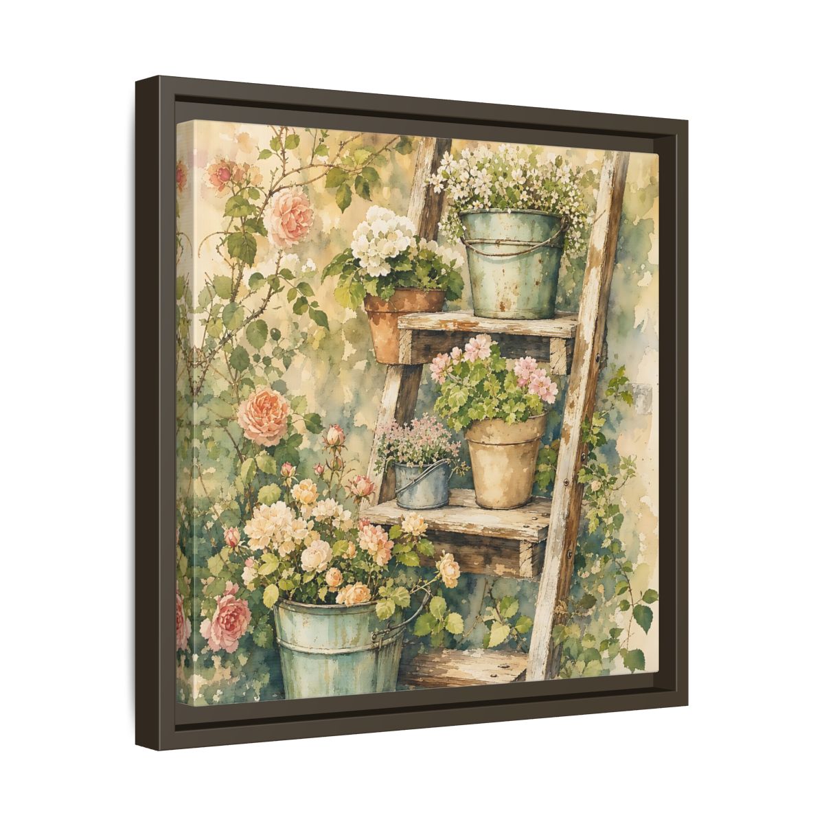 Side Mockup 29. Delicate Watercolor Painting Old Ladder Holding Small Planters shown as stretched canvas wall art