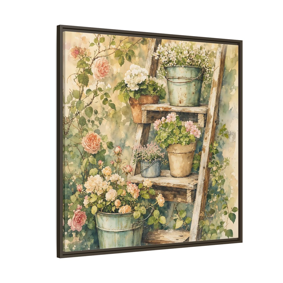 Side Mockup 5. Delicate Watercolor Painting Old Ladder Holding Small Planters shown as stretched canvas wall art