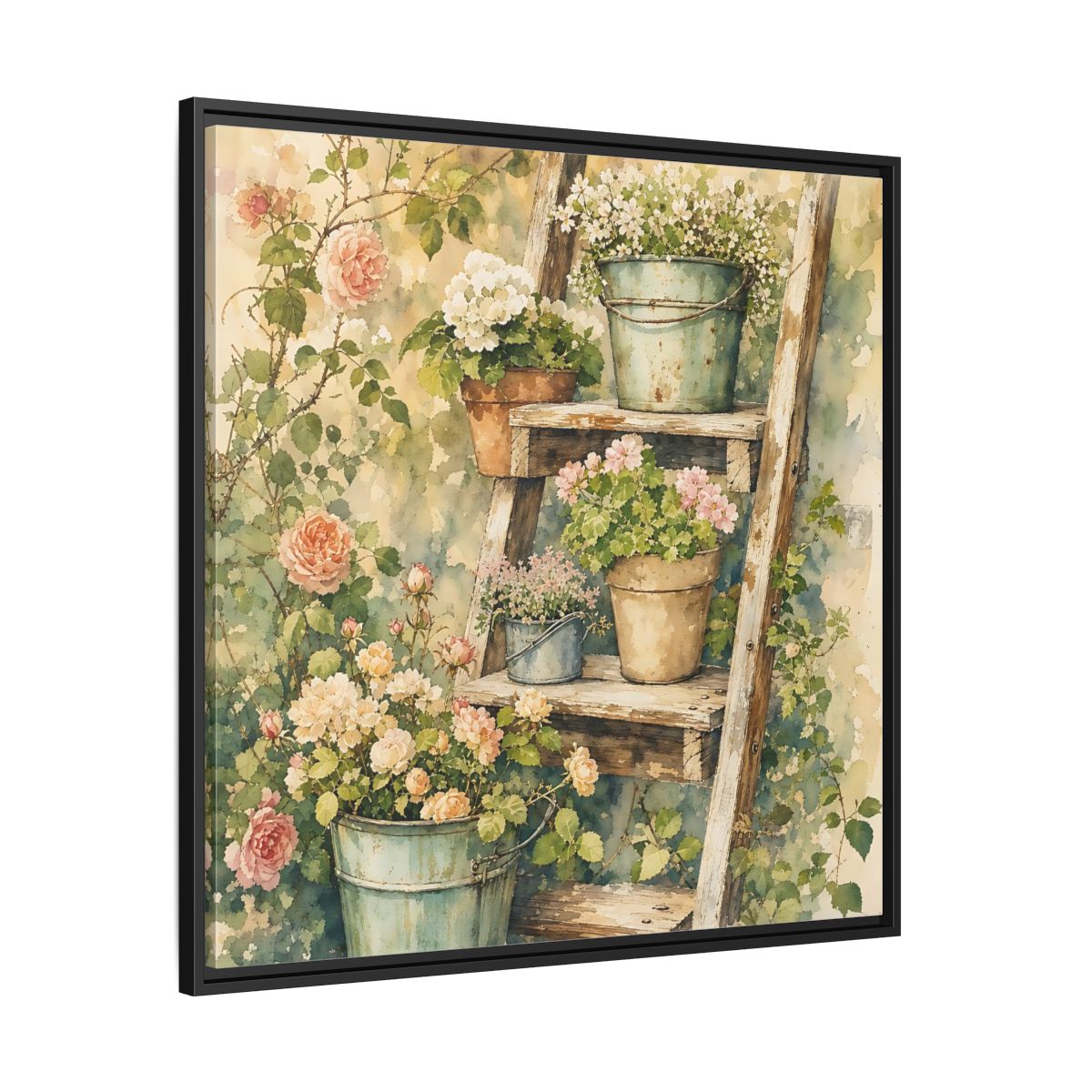 Side Mockup 30. Delicate Watercolor Painting Old Ladder Holding Small Planters shown as stretched canvas wall art