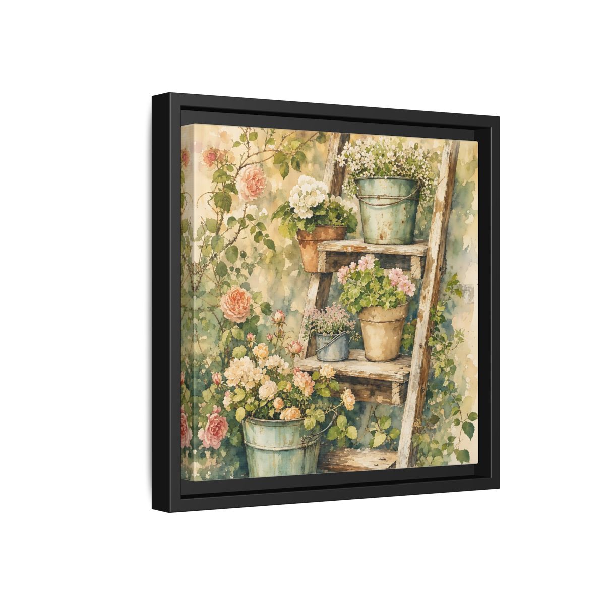 Side Mockup 18. Delicate Watercolor Painting Old Ladder Holding Small Planters shown as stretched canvas wall art