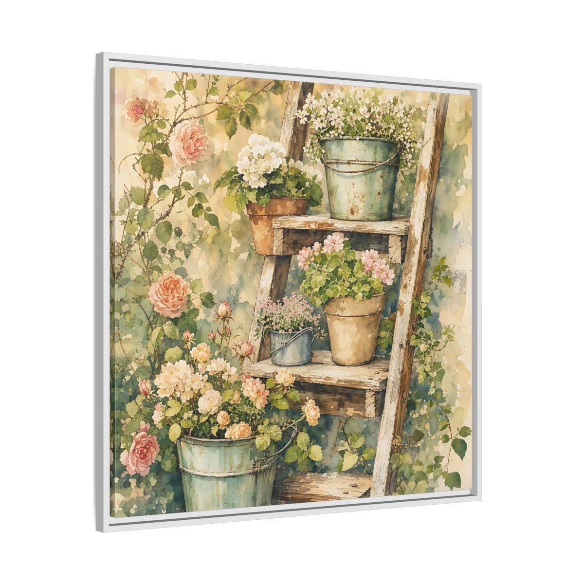 Side Mockup 25. Delicate Watercolor Painting Old Ladder Holding Small Planters shown as stretched canvas wall art