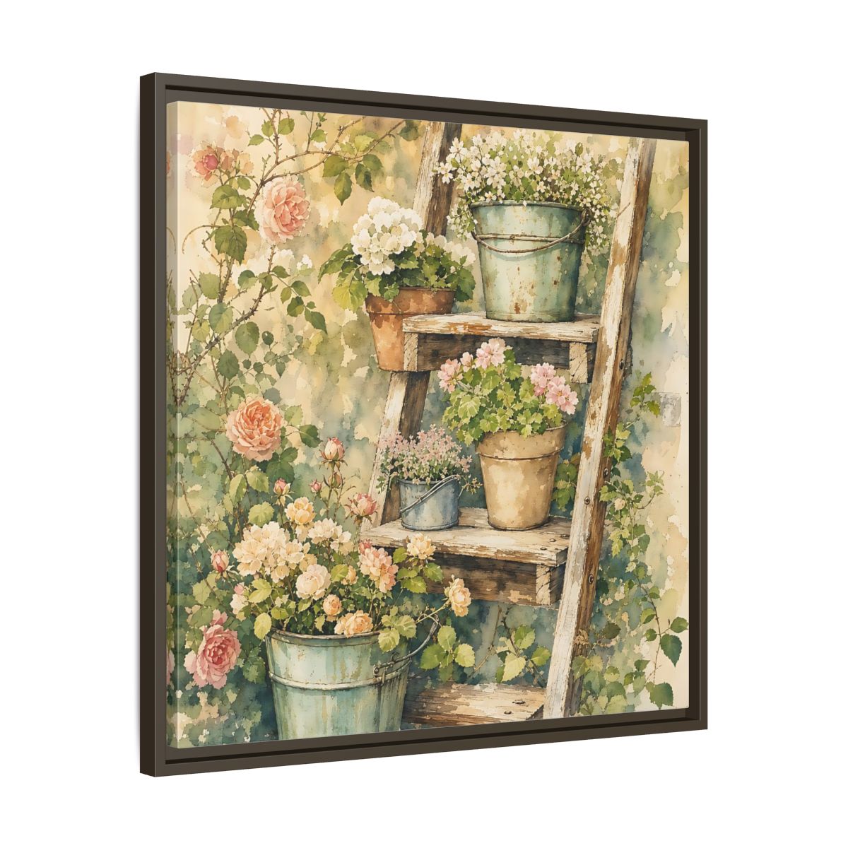 Side Mockup 27. Delicate Watercolor Painting Old Ladder Holding Small Planters shown as stretched canvas wall art