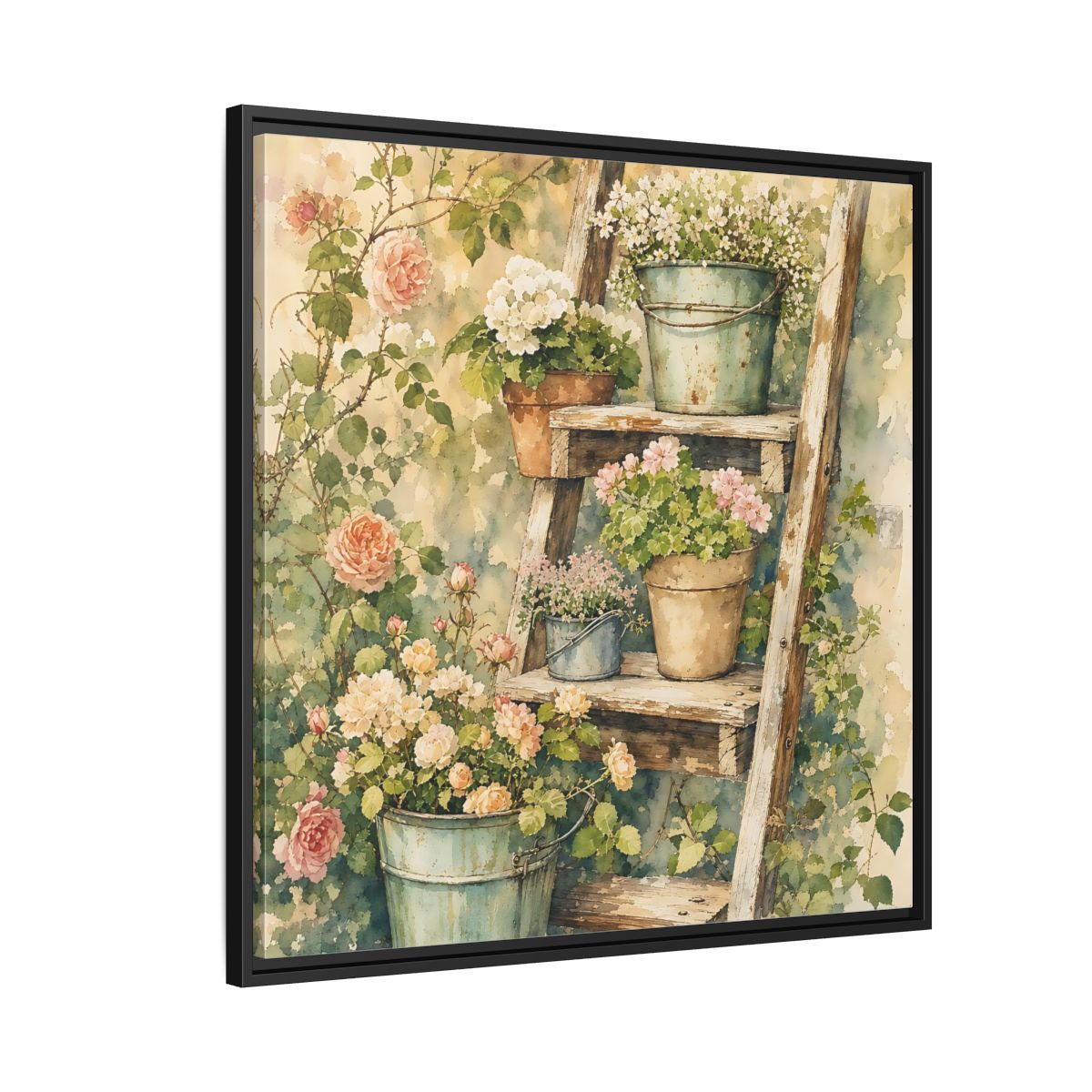 Side Mockup 9. Delicate Watercolor Painting Old Ladder Holding Small Planters shown as stretched canvas wall art