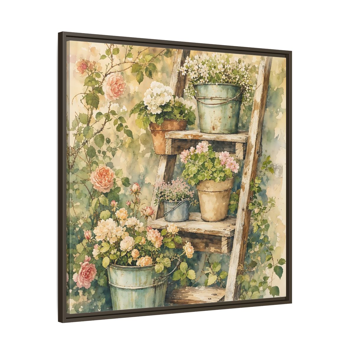 Main Mockup. Delicate Watercolor Painting Old Ladder Holding Small Planters shown as stretched canvas wall art