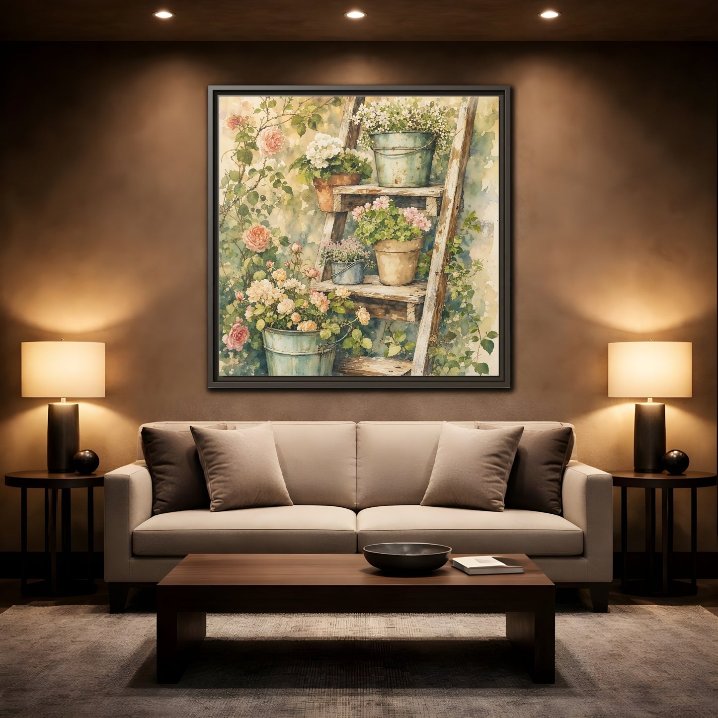 Mockup 2. Delicate Watercolor Painting Old Ladder Holding Small Planters shown as stretched canvas wall art