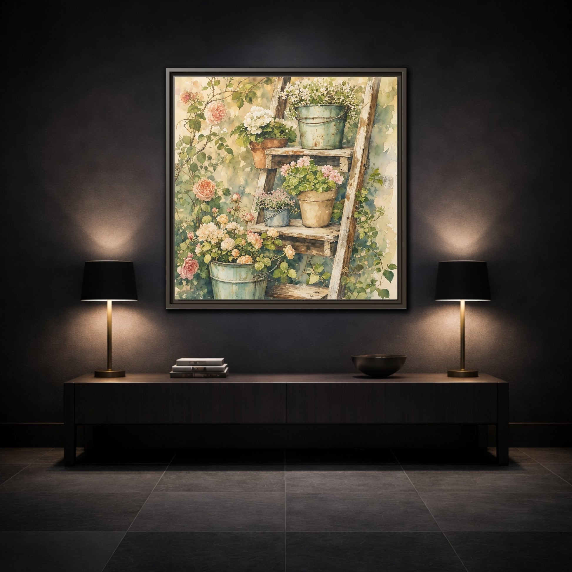 Mockup 3. Delicate Watercolor Painting Old Ladder Holding Small Planters shown as stretched canvas wall art