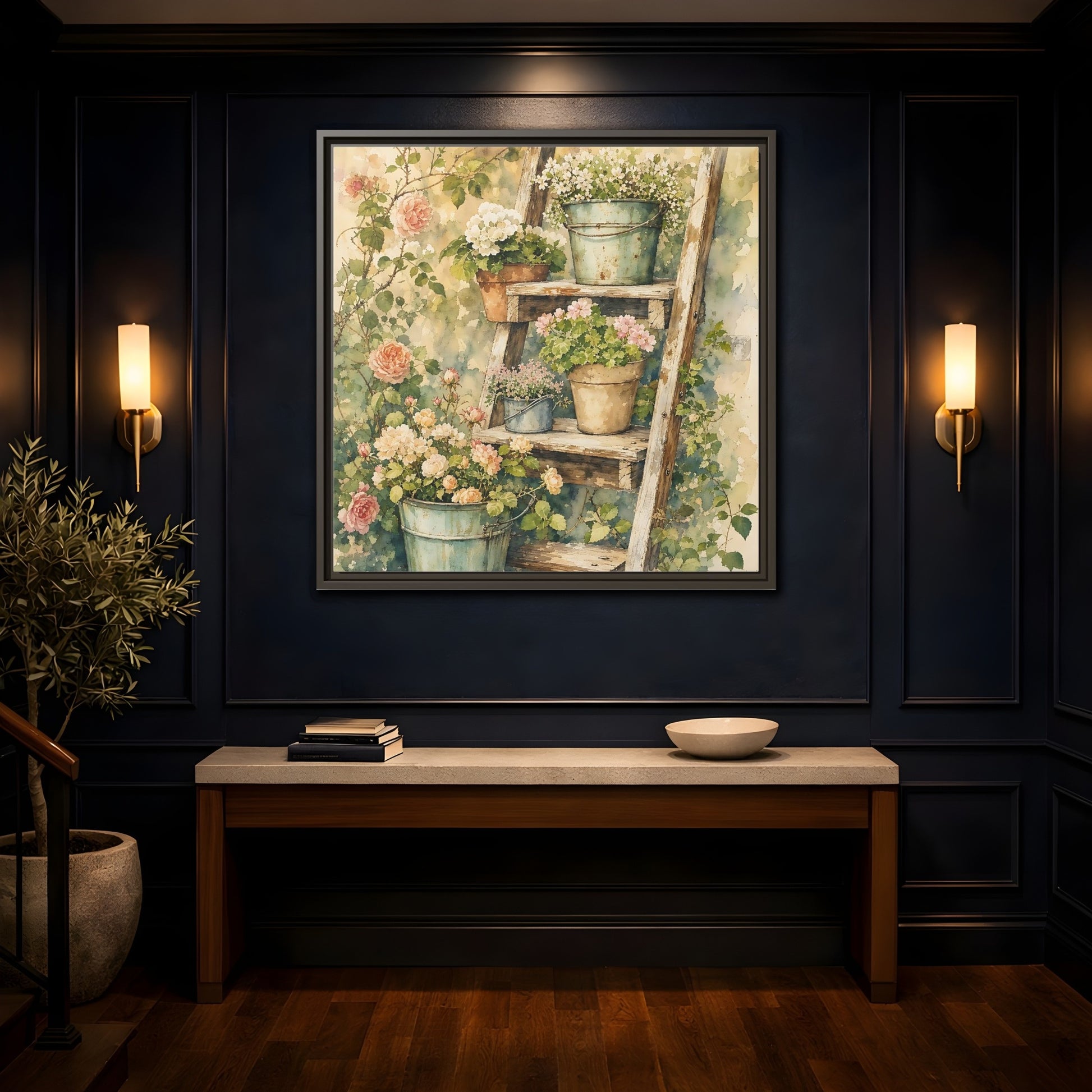 Mockup 4. Delicate Watercolor Painting Old Ladder Holding Small Planters shown as stretched canvas wall art