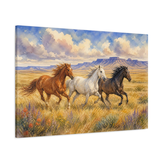 Main Mockup. Delicate Watercolor Painting Three Horses Racing Across Prairie shown as stretched canvas wall art