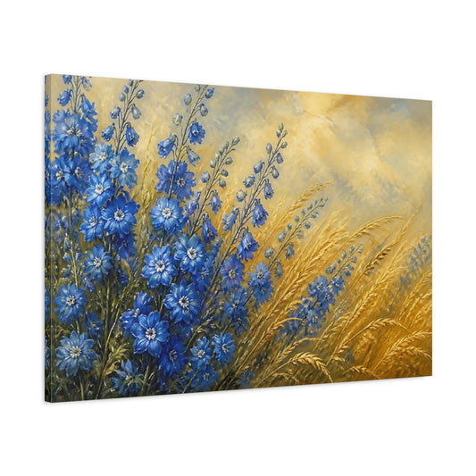 Main Mockup. Delphiniums Beside Golden Grass shown as canvas print