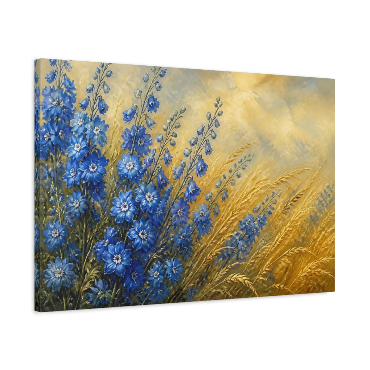 Side Mockup 2. Delphiniums Beside Golden Grass shown as canvas print